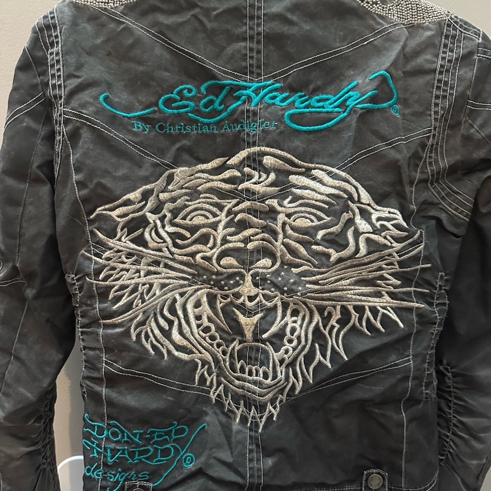Ed Hardy Dark Grey Moto Jacket with Tiger Embroidery Y2K Biker Grunge Alt - Picture 2 of 10